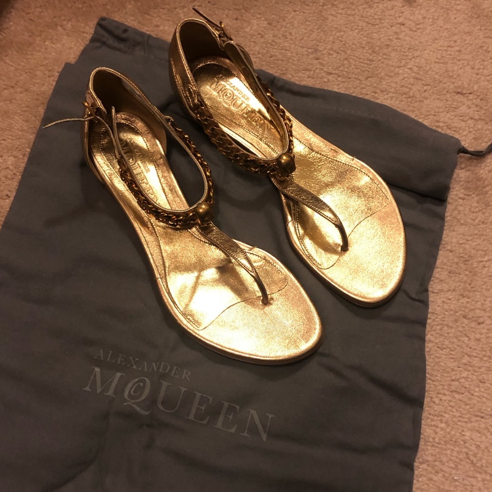 Alexander McQueen Gold Braided T-Strap Sandals